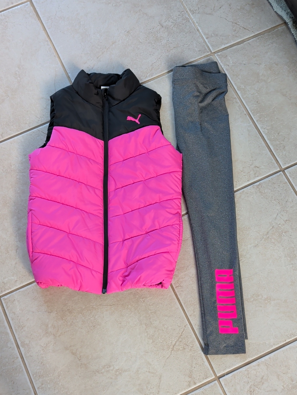 Puma Hot Pink & Black Kids Puffer Vest With Puma Leggings Size 10 Girl